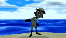 a cartoon character is standing on a beach near the ocean