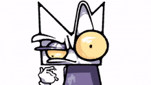 a cartoon drawing of a cat with a purple hat and a yellow bell .