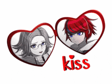 a couple of hearts with the word kiss in the middle