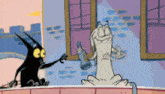 a black cat is standing next to a white cartoon character holding a bottle of beer .