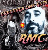 a man with a beard is on a poster that says greetings one guts rmc rock metal community