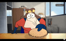 a cartoon character holding a pie in front of a sign that says canal +