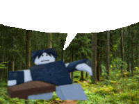 a cartoon character is standing in the woods with a speech bubble above him