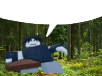 a cartoon character is standing in the woods with a speech bubble above him