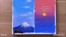 a painting of a mountain with the words wow art made in animatica below it