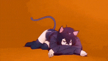 a girl with cat ears and a tail is laying on the floor on an orange background .