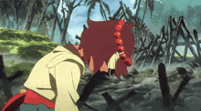 a cartoon character with red hair and red beads around her neck stands in a forest