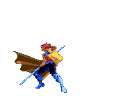 a pixel art drawing of a man holding a purple sword