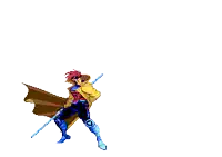 a pixel art drawing of a man holding a purple sword
