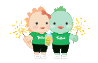 a cartoon of two dinosaurs holding sparklers and a cup of tastea