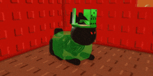 a green cat wearing a domino hat is sitting on a brown floor