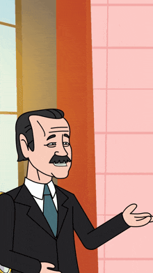 a cartoon of a man in a suit and tie standing in front of a pink wall