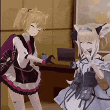two anime girls are standing next to each other with one wearing a white dress with a fox on it