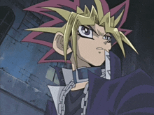 a close up of a cartoon character with a purple and yellow hair