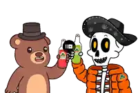 a cartoon of a teddy bear and a skeleton toasting with bottles of jarritos