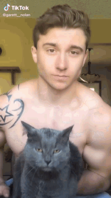 a shirtless man is holding a gray cat in his arms and the caption says tiktok