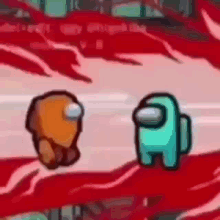 two among us characters are standing next to each other in a red room .