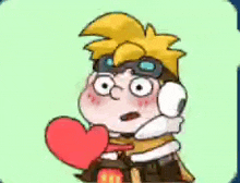 a cartoon character is holding a large red heart in his hand .