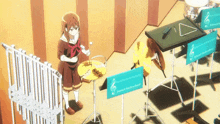 a girl in a school uniform is playing a cymbal in front of a sign that says ' almost full orchestra '