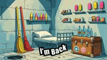 a cartoon drawing of a room with the words i 'm back on the floor