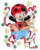 a ladybug is sitting in a box with ribbons and stars around her