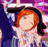 a cartoon character with red hair and green eyes is wearing a black hat and tie .