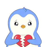 a blue and white penguin is crying and holding a broken heart