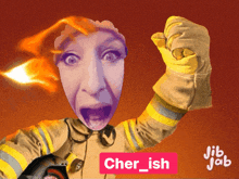 a woman in a fireman 's uniform has a fist in the air and says cher_ish