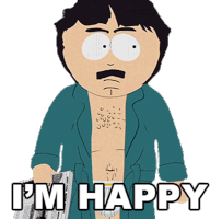 a cartoon character from south park is holding a newspaper and says i 'm happy
