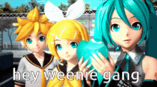 a group of anime characters standing next to each other with the words hey weenie gang written on the bottom