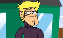 a cartoon character with blonde hair and a purple sweater making a funny face