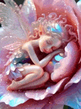 a fairy is sleeping in a pink flower with her eyes closed