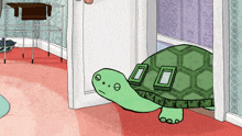 a green turtle is standing in a doorway