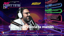 a man wearing headphones is talking into a microphone with the words holy above him