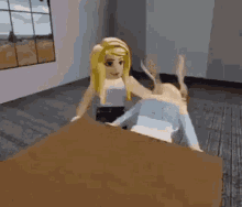 a girl in a roblox video game is sitting on a table with a dog .