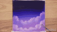 a painting of purple clouds on a wooden table made in animatica