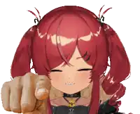 a girl with red hair and pigtails is pointing at the camera