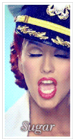 a close up of a woman wearing a military hat with the word sugar below her