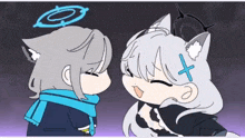 a couple of anime characters are standing next to each other and looking at each other .