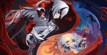 a girl with long white hair is surrounded by red and blue ribbons
