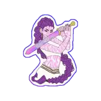 a sticker of a woman holding a purple sword with the word rumi written on it