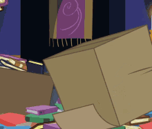 a cartoon drawing of a cardboard box surrounded by books