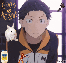 a picture of a man with a rabbit and a bottle of hellmans mayonnaise