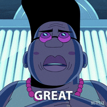 a cartoon of a woman with glasses and a necklace that says great