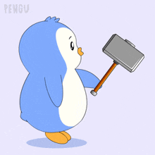 a penguin is holding a hammer and a pencil and the word pengu is on the bottom right