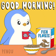 a penguin is drinking a cup of coffee next to a bowl of fish flakes