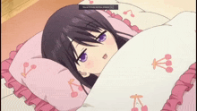 a girl with purple eyes is laying in a bed with a blanket with cherries on it