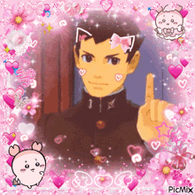 a picture of a man with a bow on his head surrounded by pink hearts and flowers .