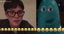 a man wearing glasses is next to a cartoon character