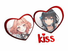 two anime girls in heart shaped frames with the word kiss underneath them